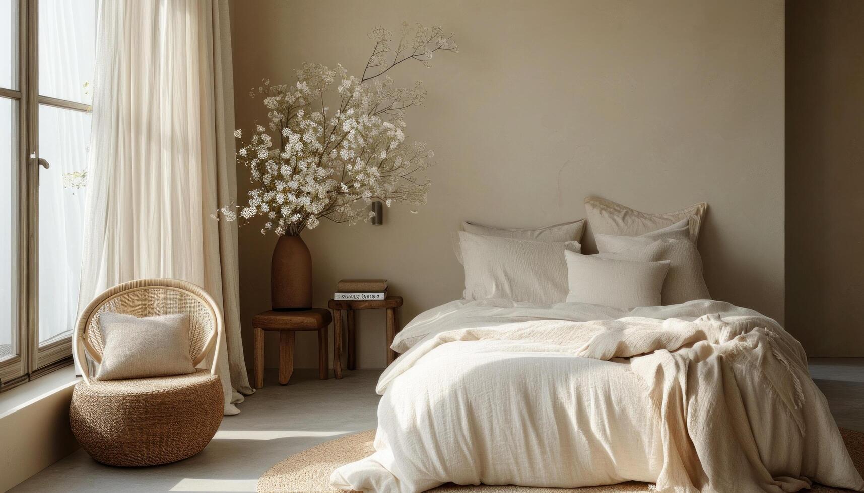 AI generated a bedroom with furniture, pillows, and a chair photo