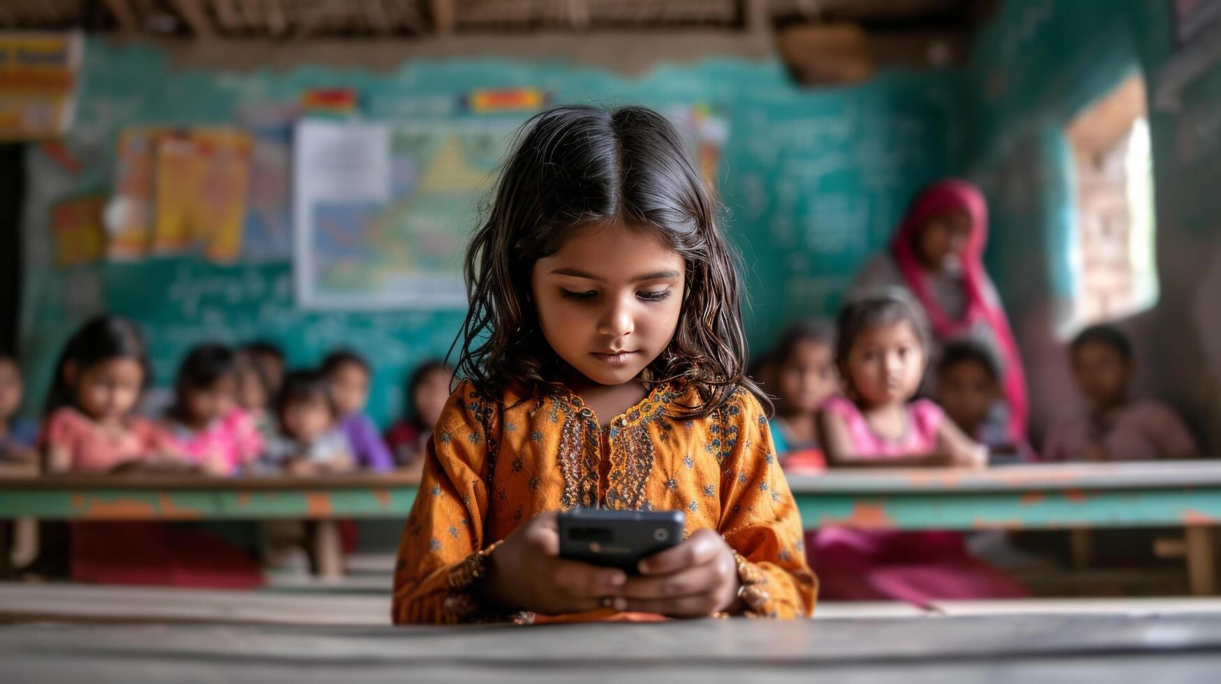 AI generated A 12-year-old girl sits and plays on her phone during class. In the background photo