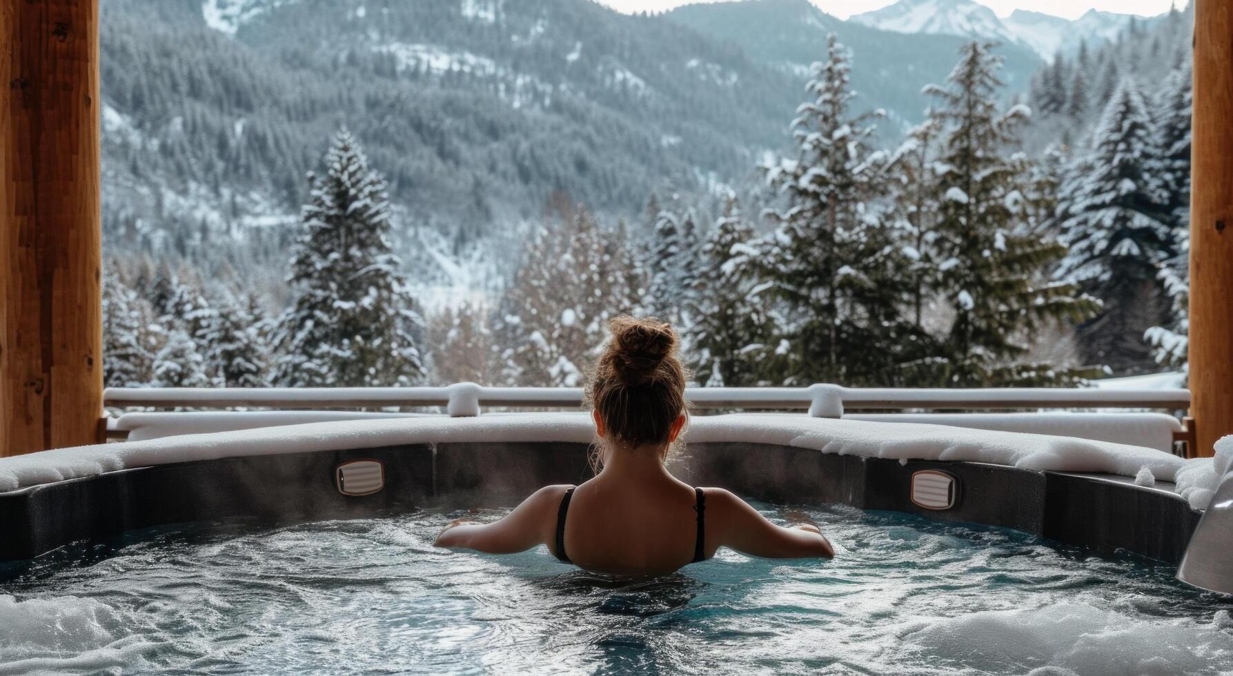 AI generated woman enjoys hot tub in winter bsr photo