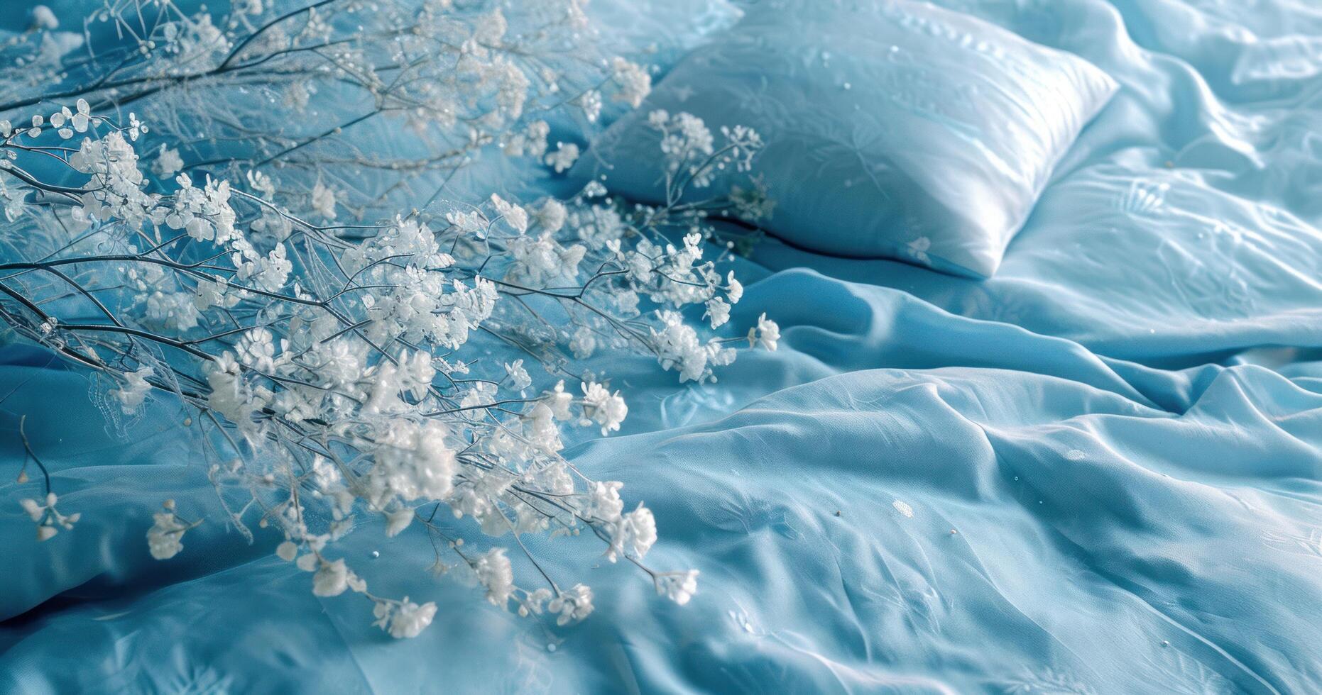 AI generated winter blue bed cover with blue pillows and white flower bouquet photo