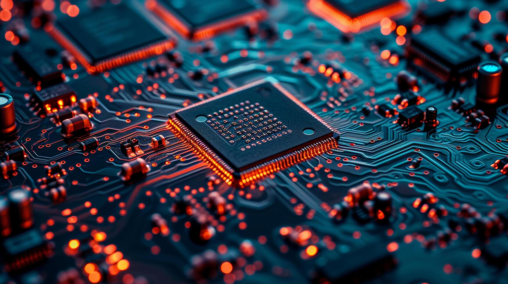 AI generated A mesmerizing circuit board close-up, showcasing intricate electronic components in a symphony of lines photo