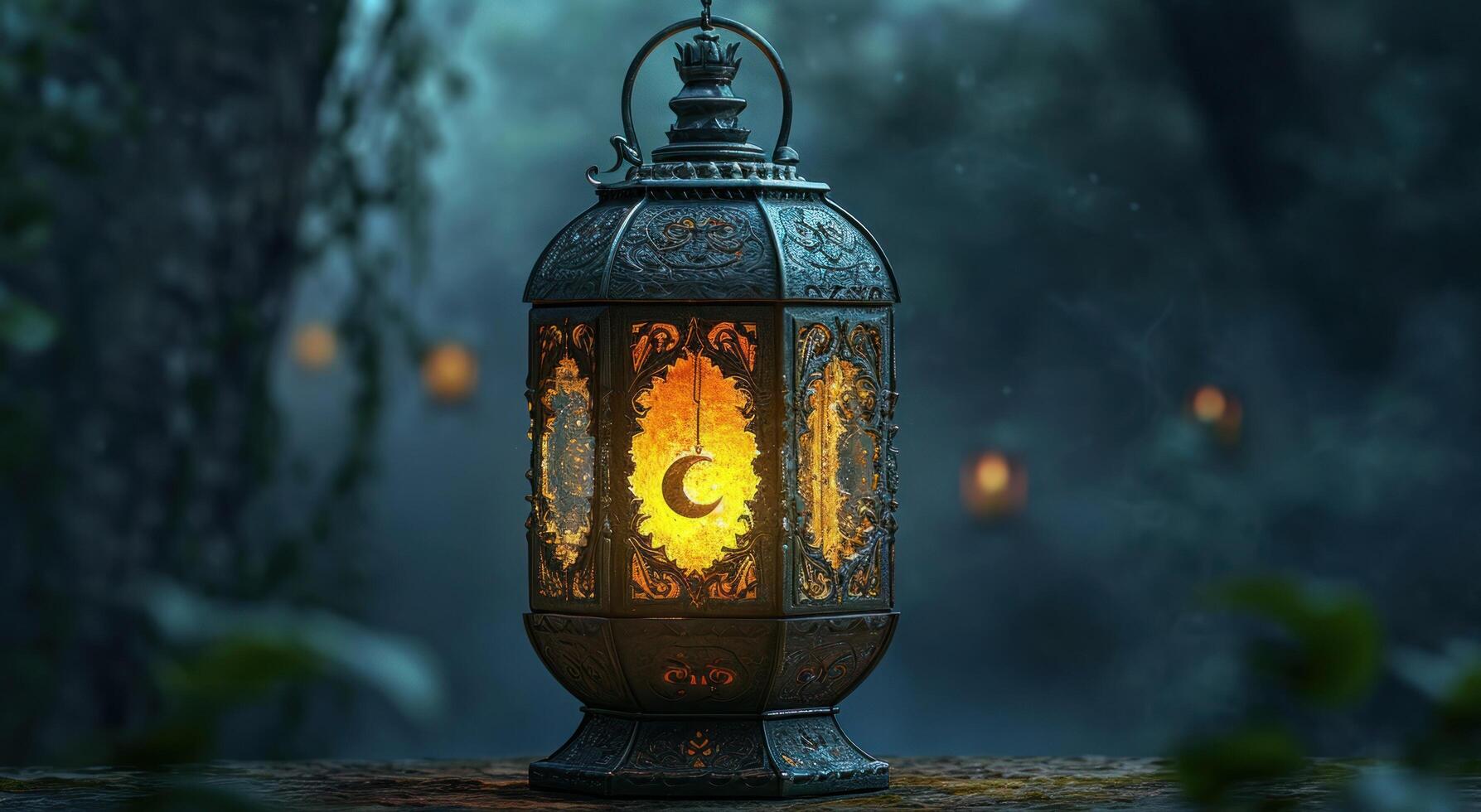 AI generated an antique lantern with a crescent on it photo