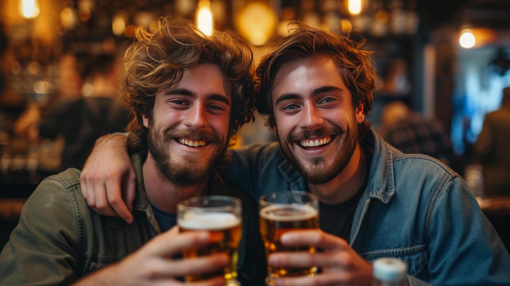 ai generado dos joven, hermosa hombres tener cerveza en Irlanda foto