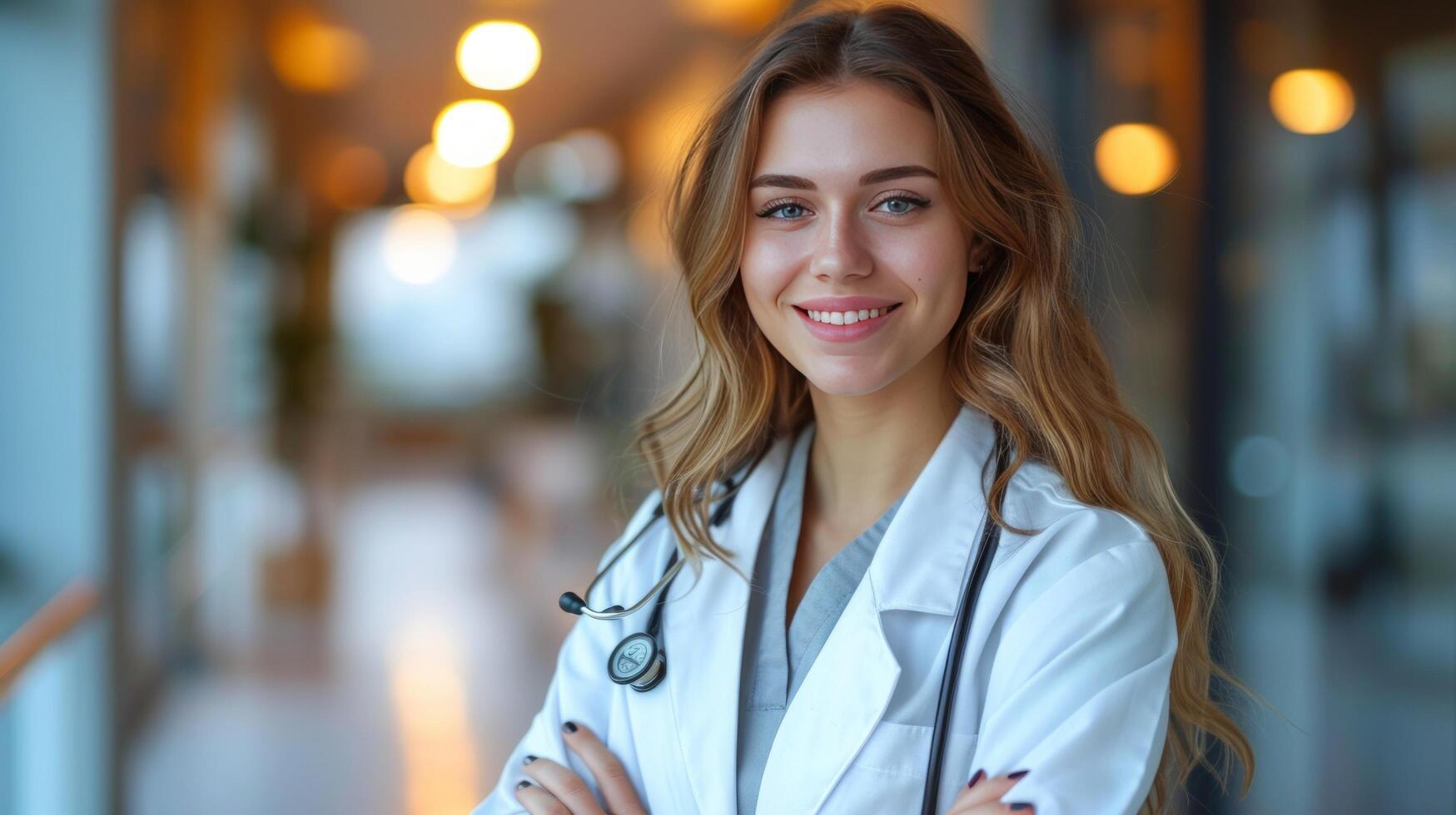 ai generado joven hermosa hembra médico en pie sonriente mirando a cámara en contra borroso hospital antecedentes foto
