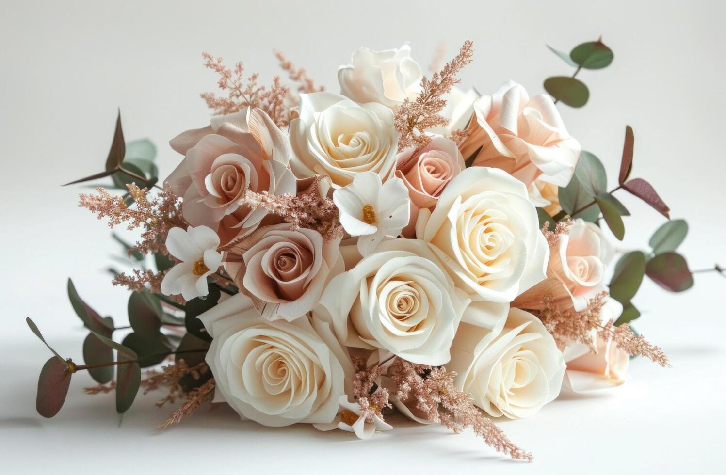 AI generated vintage bouquet of white roses and paper flowers on white background photo