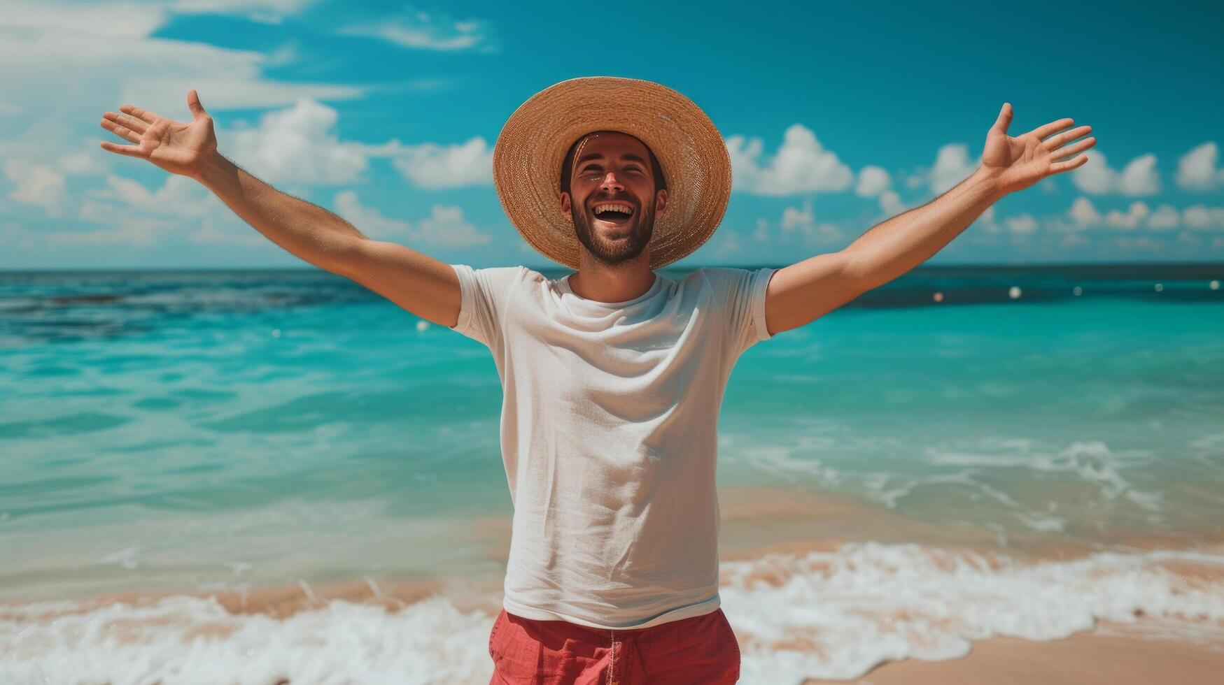 ai generado un alegre hombre en un mimbre sombrero y rojo pantalones cortos soportes con su manos arriba en el playa foto