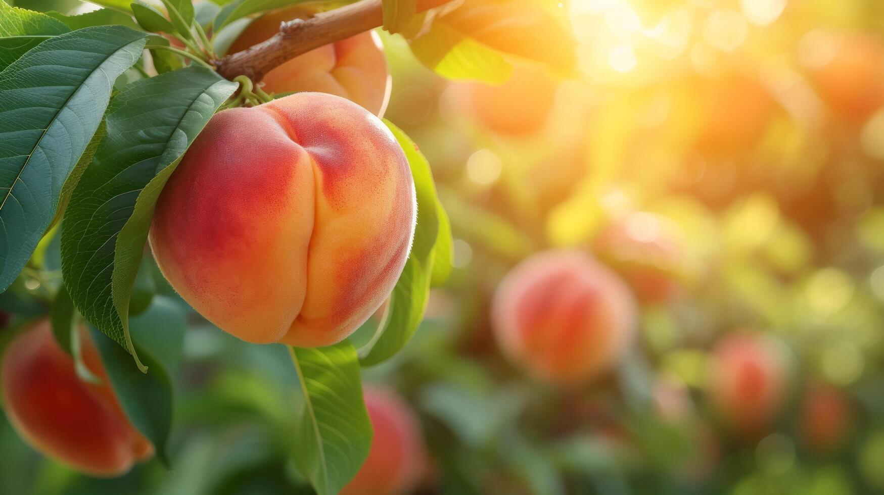 AI generated Beautiful juicy ripe peach hang on a branch in the summer garden photo