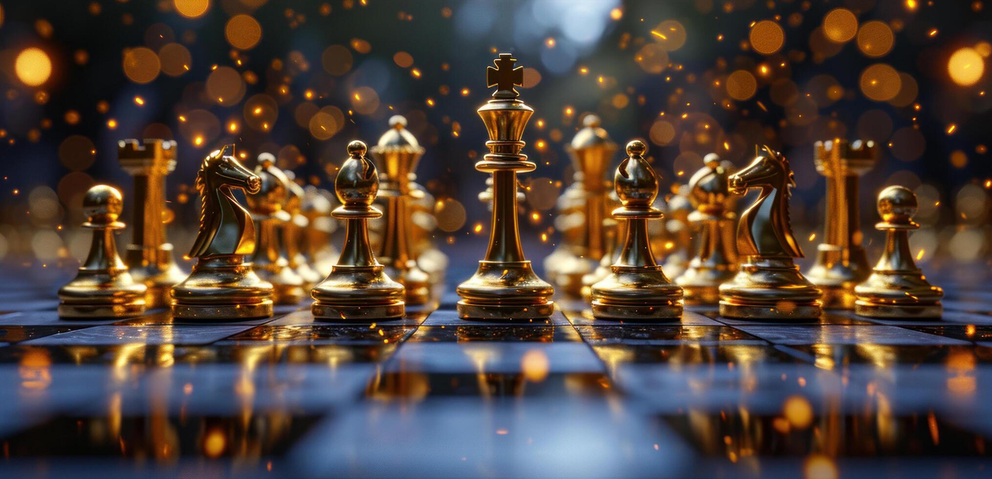 AI generated golden chess pieces on a black tiled photo