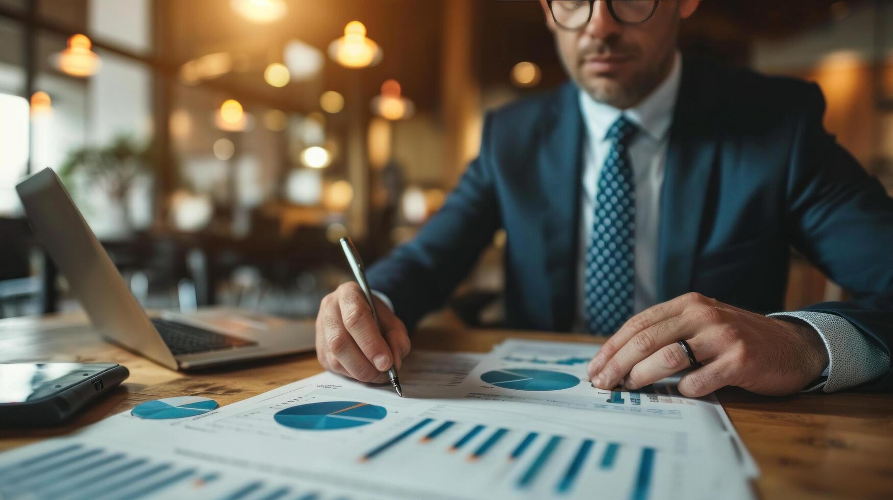 AI generated Elegantly dressed executive analyzing charts, showcasing expertise and precision in financial decision-making photo
