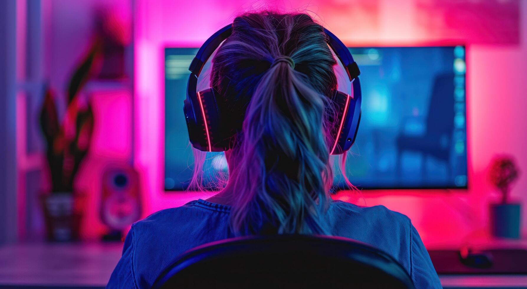 AI generated a person looking into a computer from a chair wearing headphones photo
