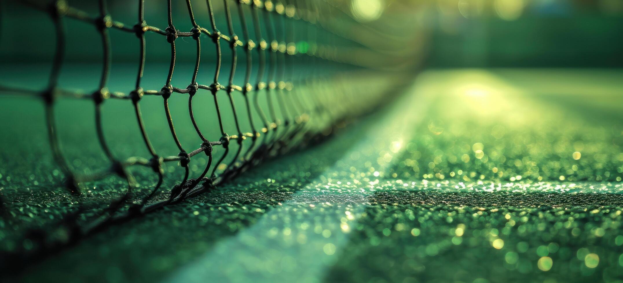 AI generated close up of green tennis court with white lines and netting at sunrise photo