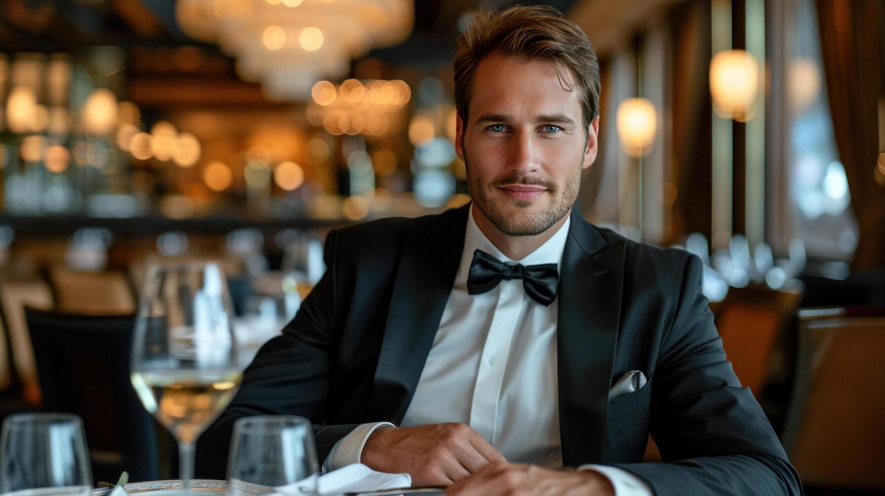 AI generated elegant business man sitting in luxury restaurant with glass of shampagne photo