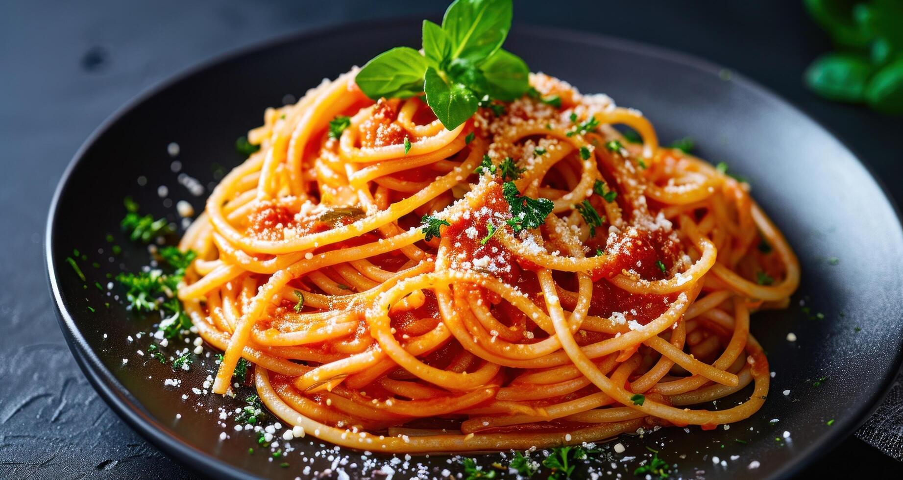 AI generated some spaghetti on a plate on a dark background photo