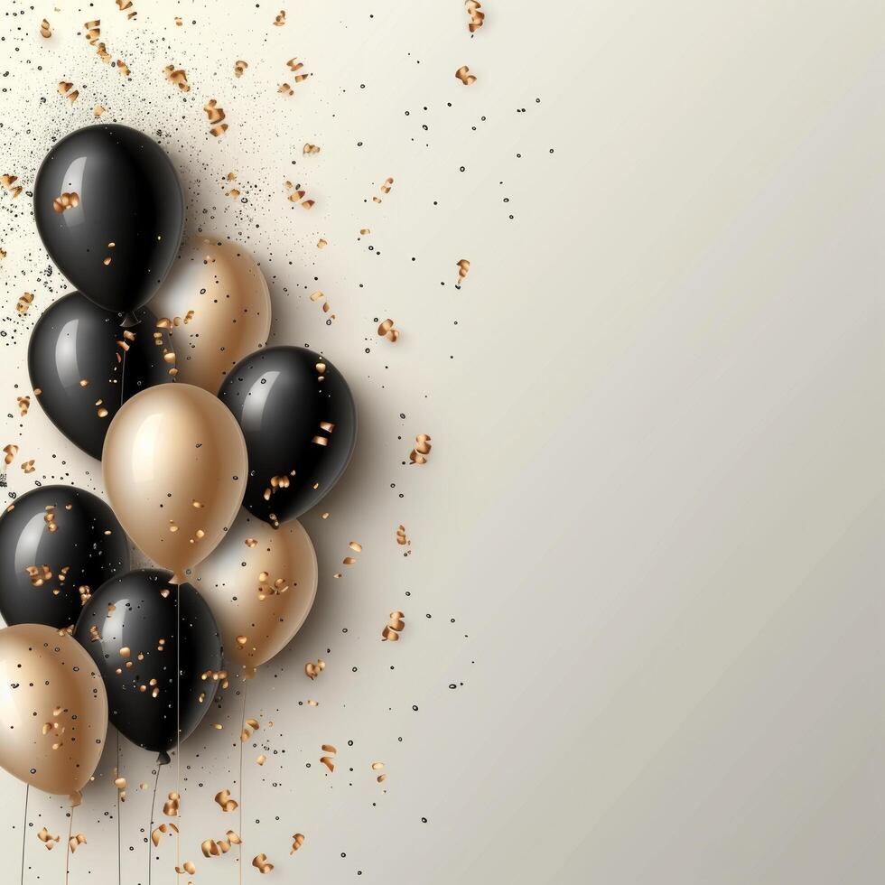 ai generado hermosa cumpleaños antecedentes con negro y oro globos y sitio para texto foto