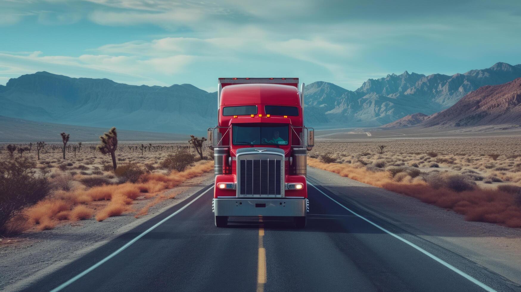 AI generated a large red lonely truck drives along the road through the endless American desert photo