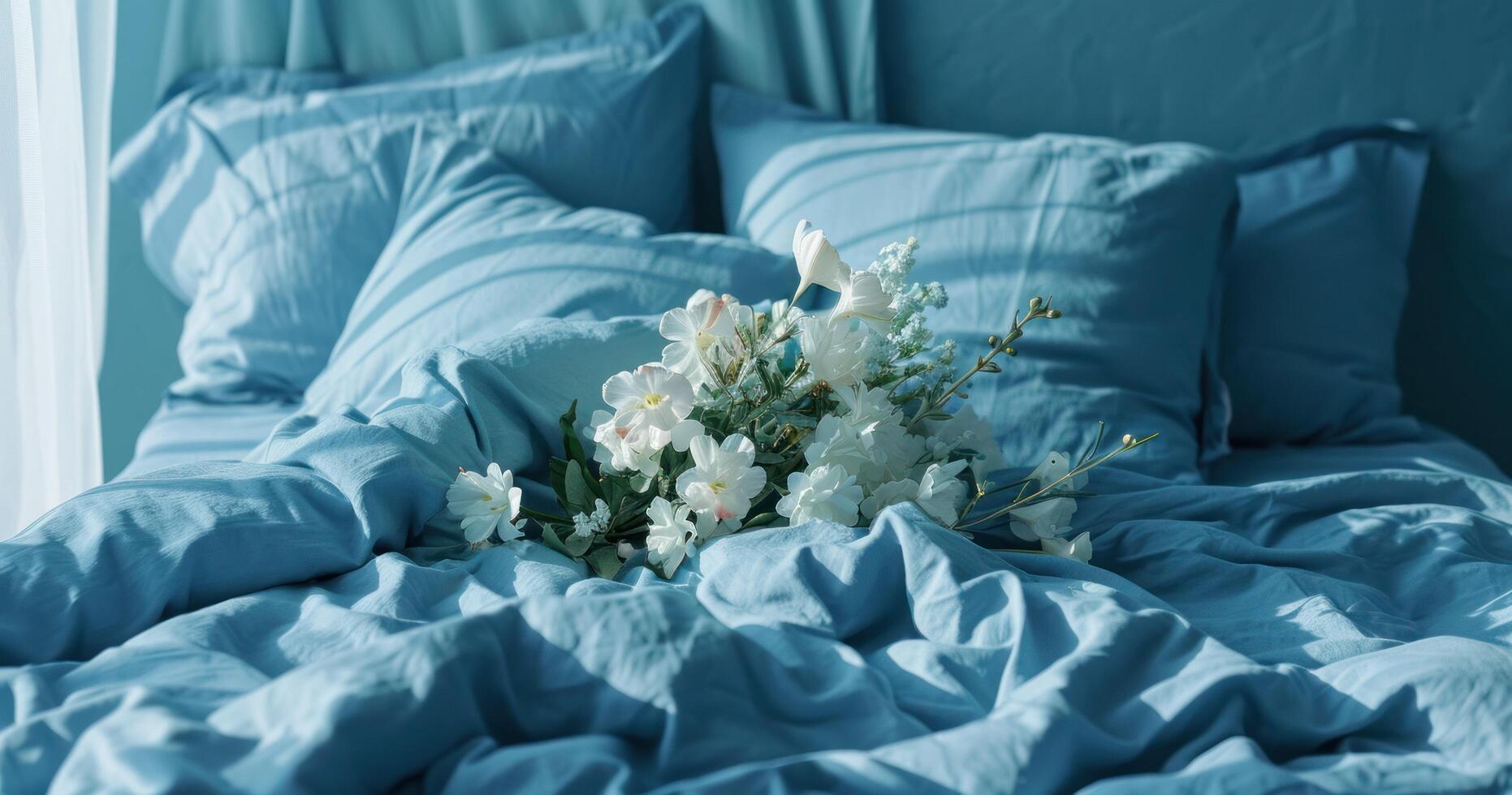 AI generated winter blue bed cover with blue pillows and white flower bouquet photo