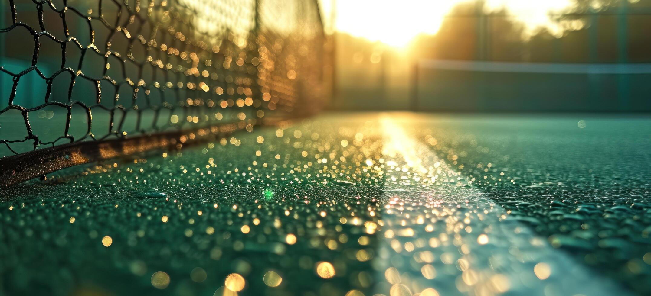 AI generated close up of green tennis court with white lines and netting at sunrise photo