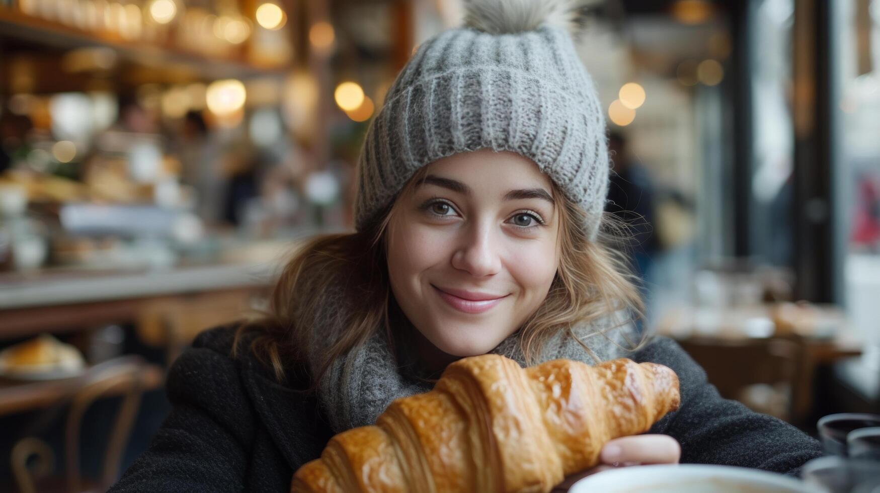 ai generado joven hermosa niña comiendo un grande cuerno en un parisino café foto