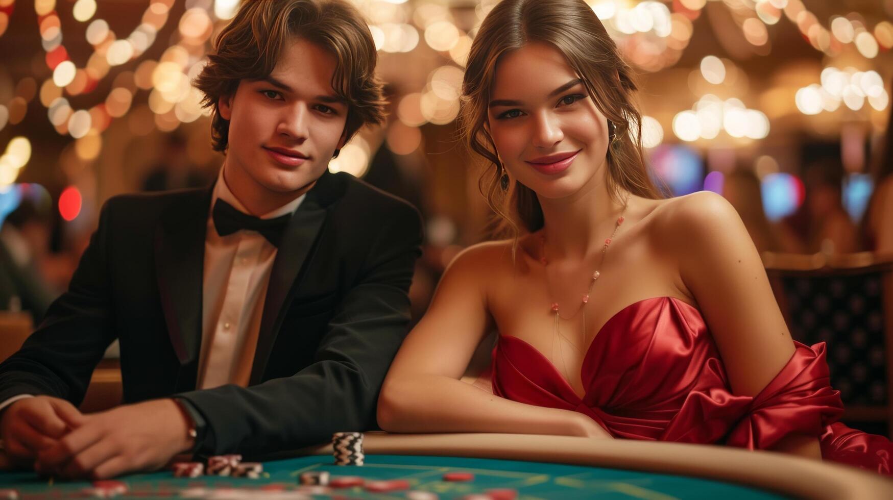 AI generated a young couple plays poker in a casino. A man is dressed in a black suit, a woman is dressed in a red satin dress photo