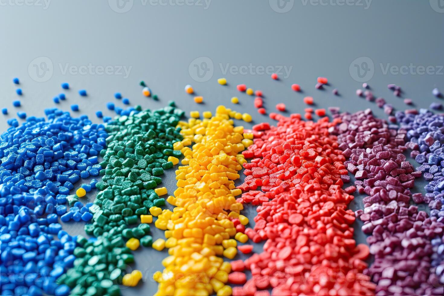 AI generated Dyed synthetic polymer resins granulates. Recycled plastic granules with mixed colors photo