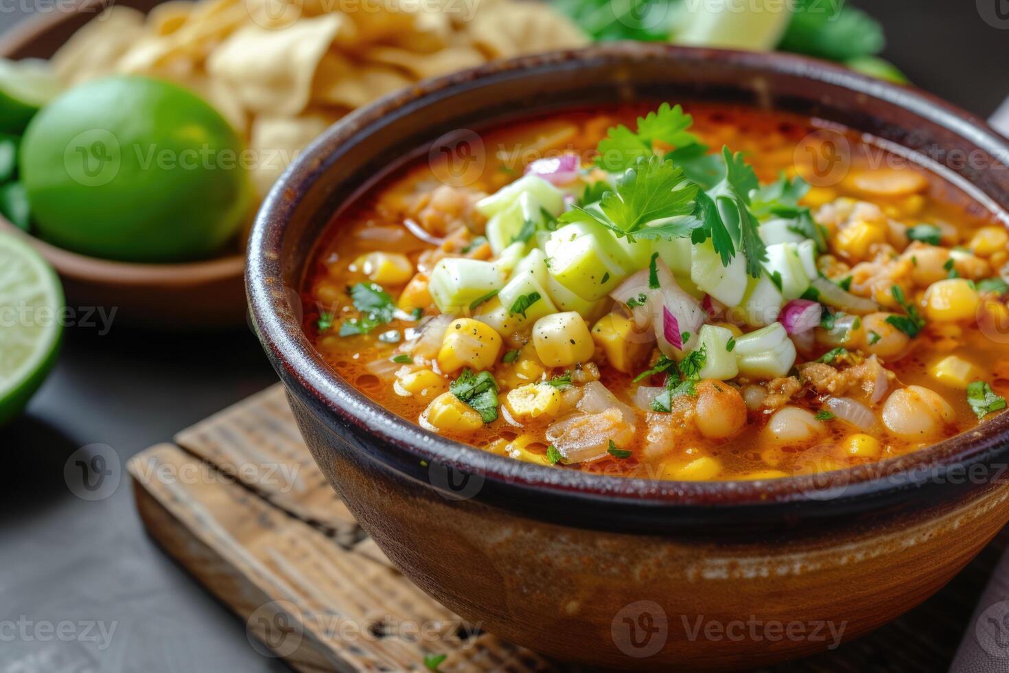 AI generated Mexican red pozole rojo soup with pork and vegetables photo
