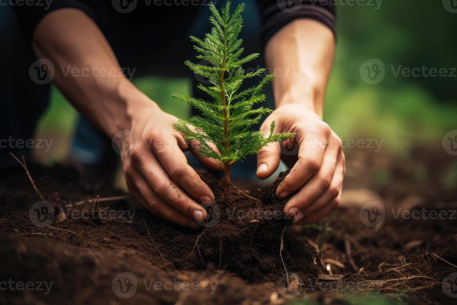 AI generated Close up hands planting pine tree seedling in forest. Earth Day save environment concept. renewable resource photo
