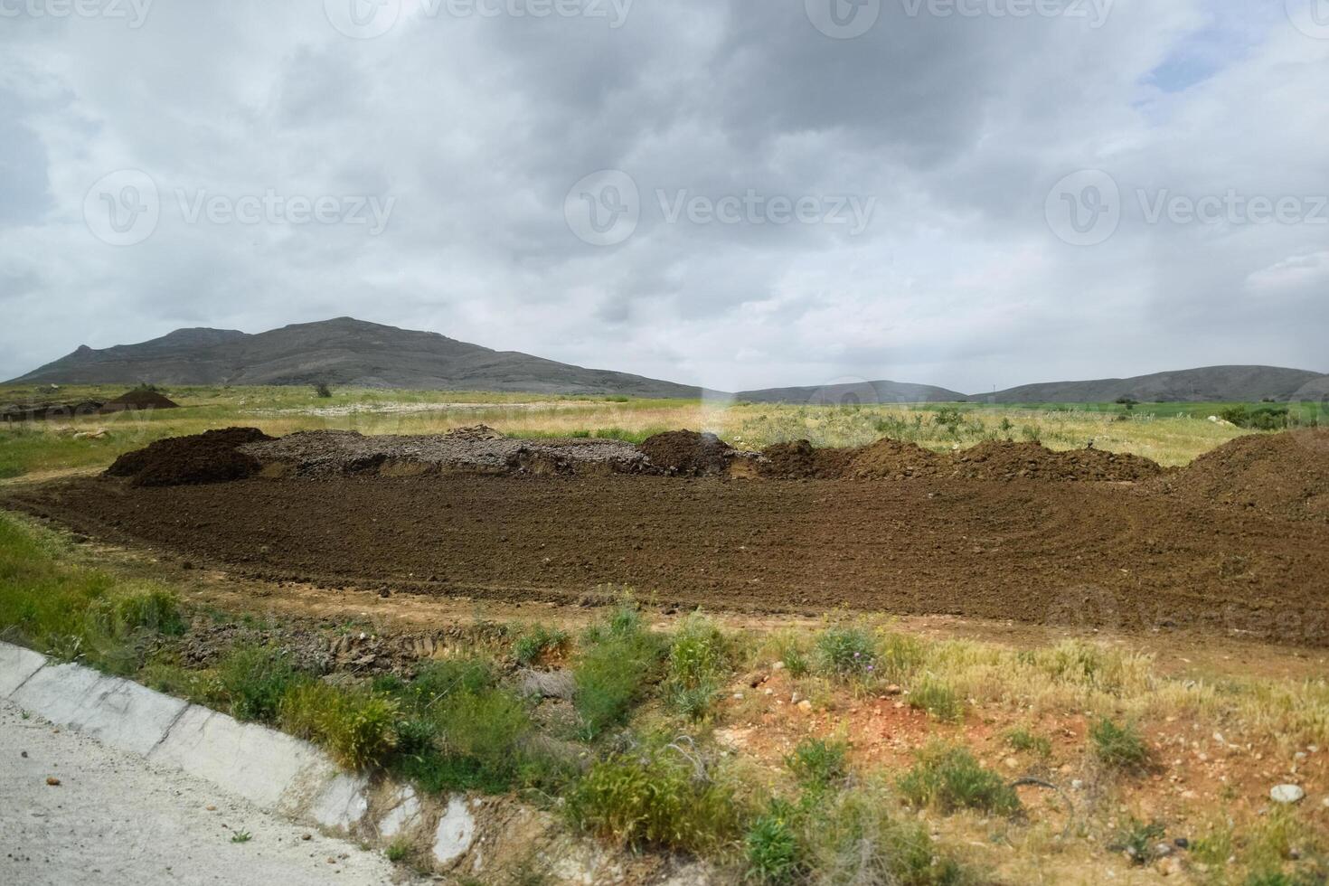 Piles of manure in field. Cow and horse manure with land. 38469139