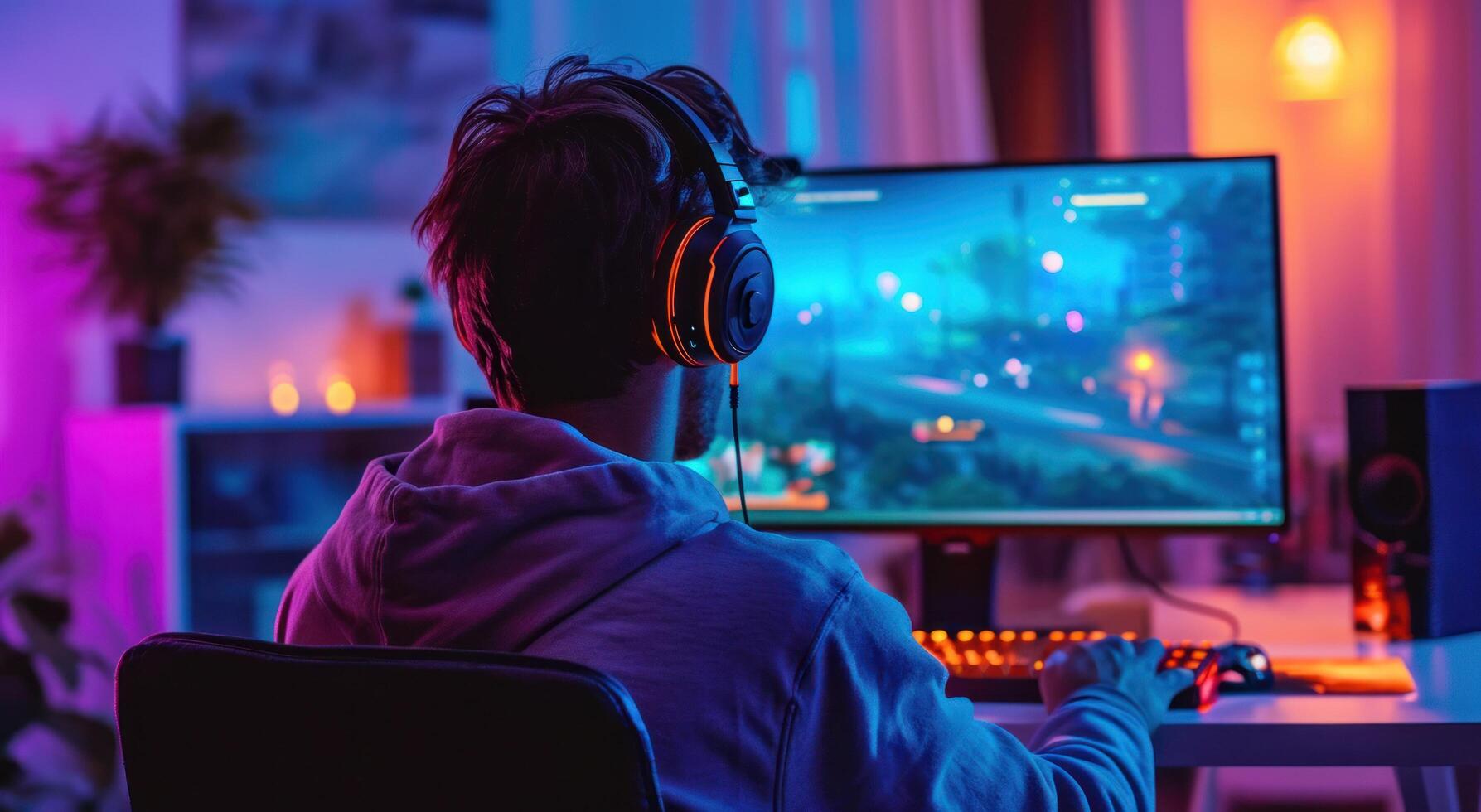 AI generated man playing video games in front of computer photo