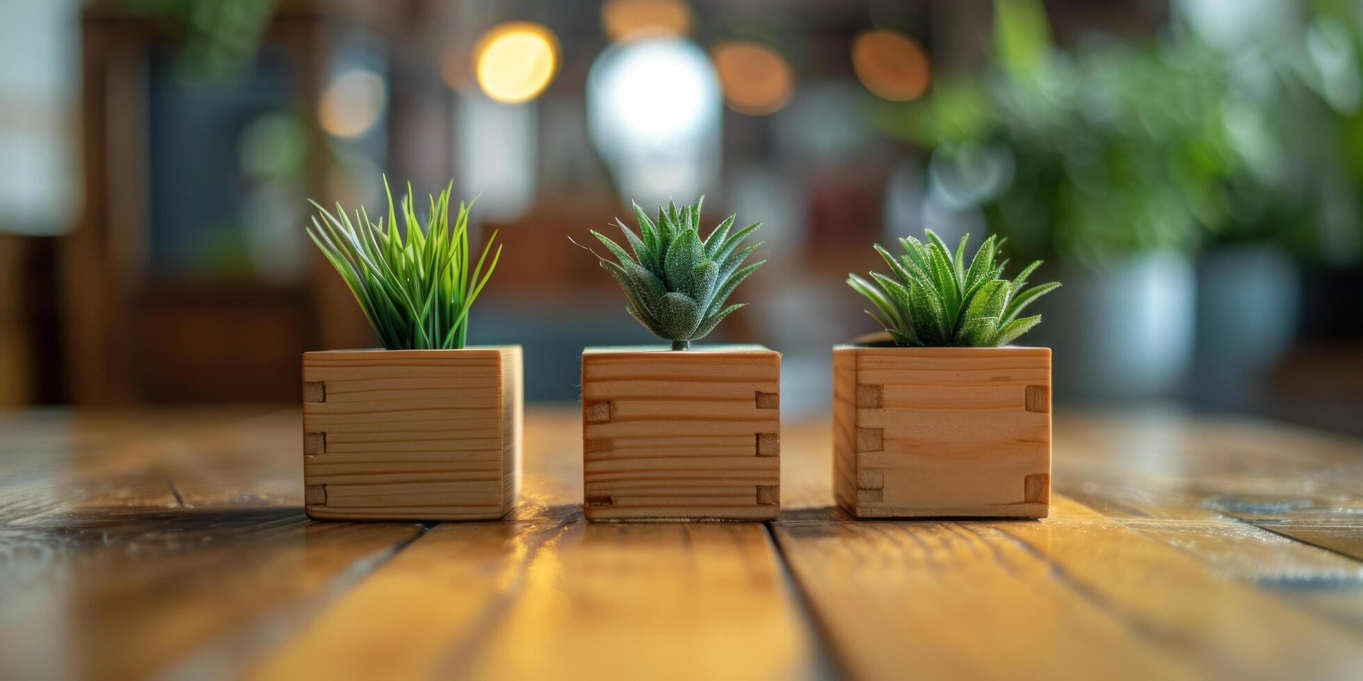 AI generated three small wooden boxes with two plants in the middle photo