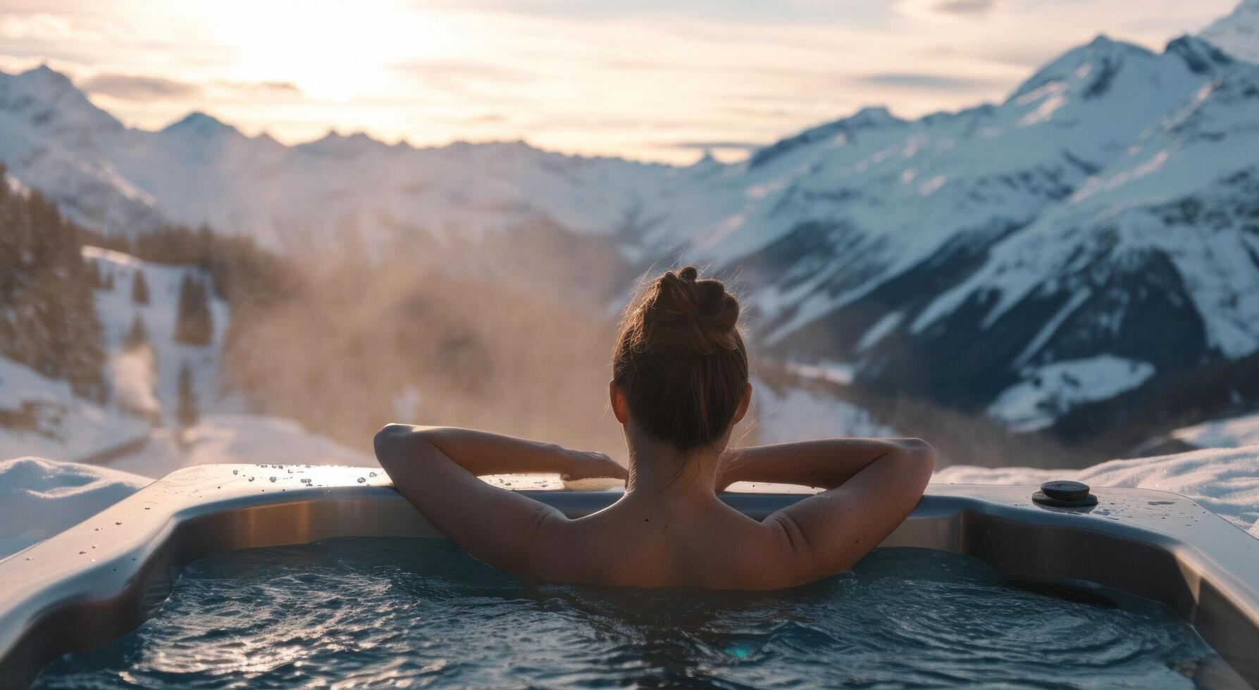 AI generated female in hot tub overlooking mountains and snow photo