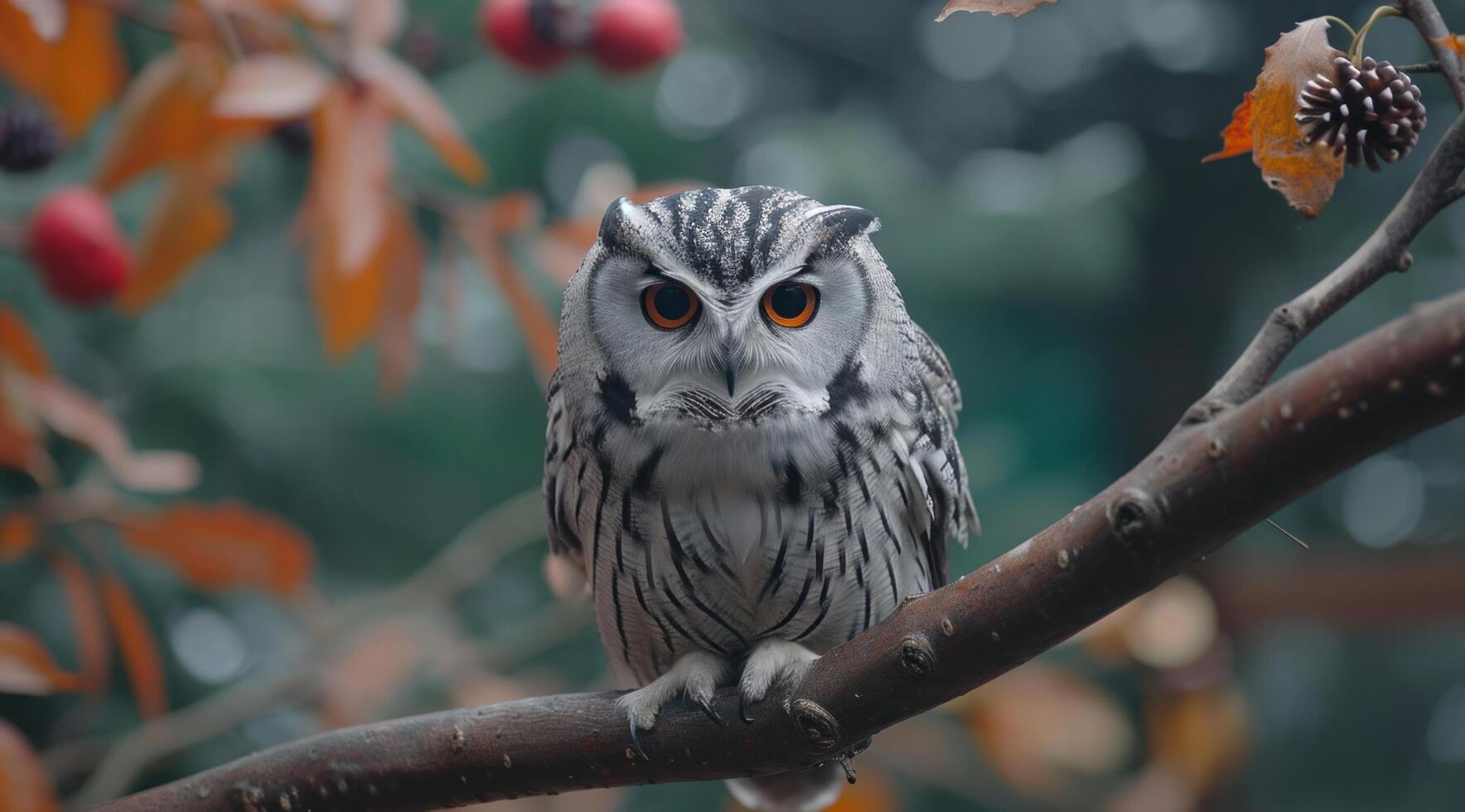 AI generated an owl is perched on a branch with pine cones photo