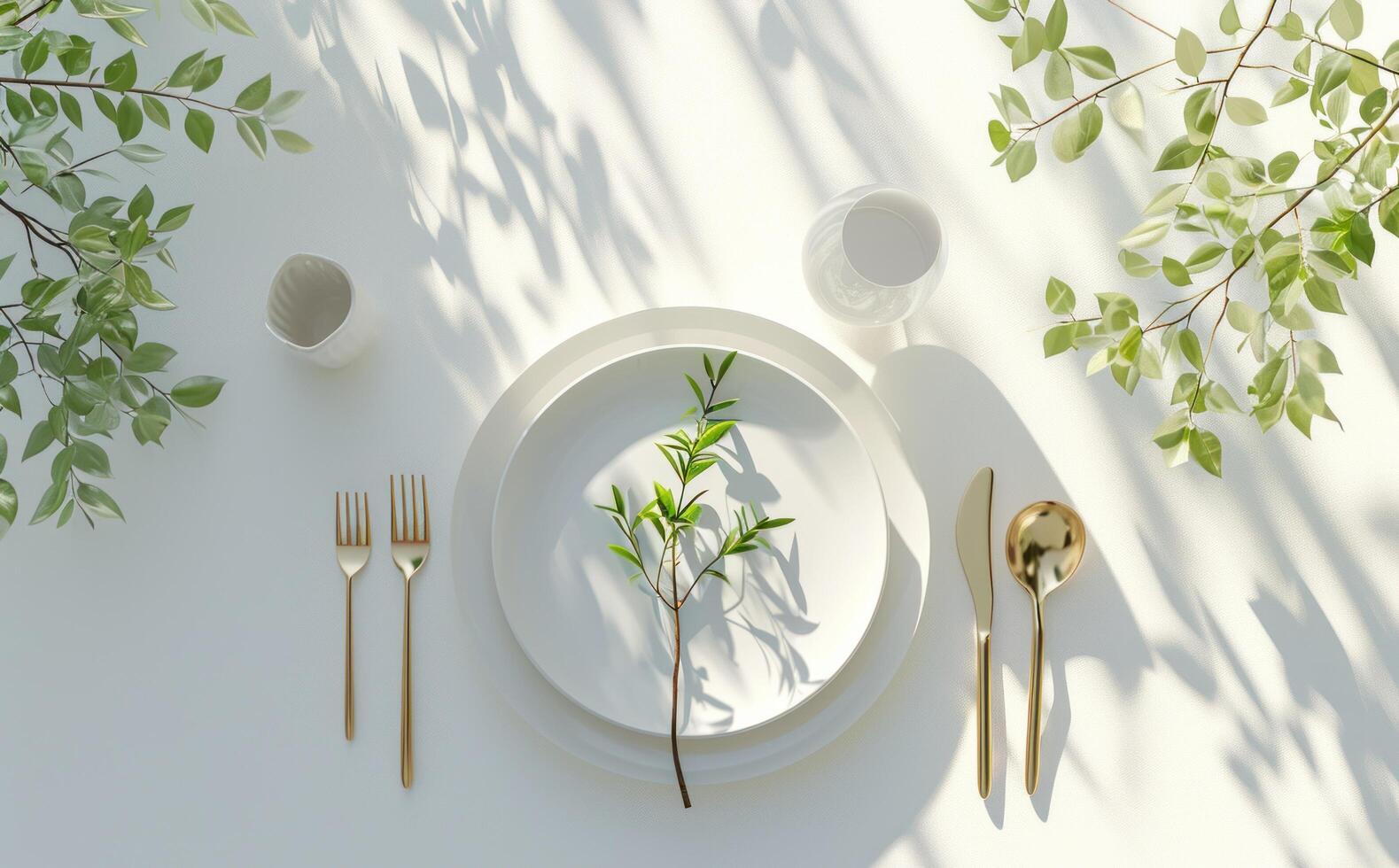 AI generated place setting with some green leave branches photo