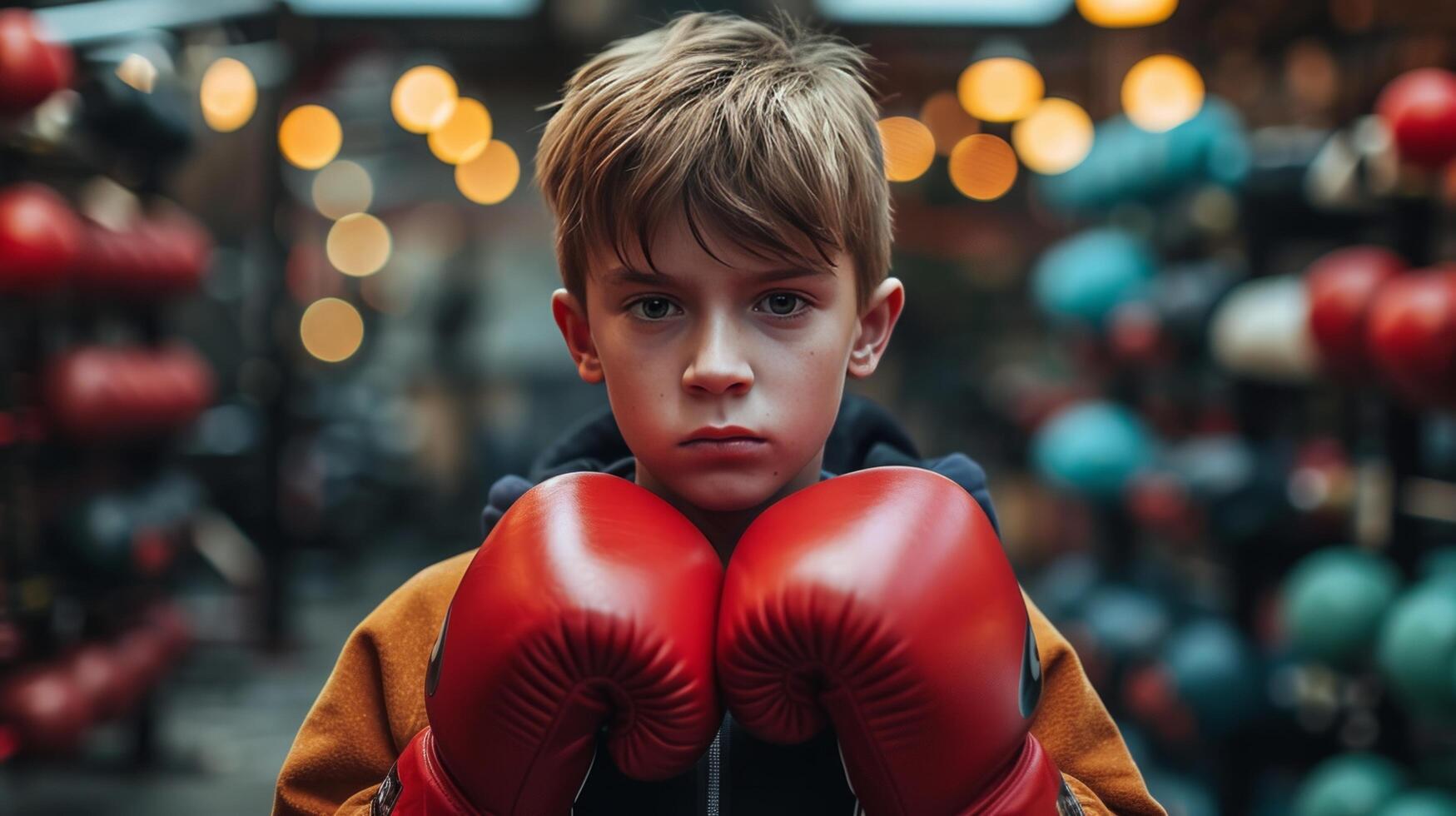 AI generated Boy trying on big boxing gloves in the gym photo