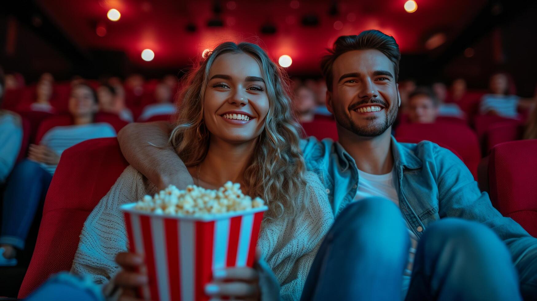 ai generado hermosa joven Pareja sentado en un cine con un grande Cubeta de palomitas de maiz foto