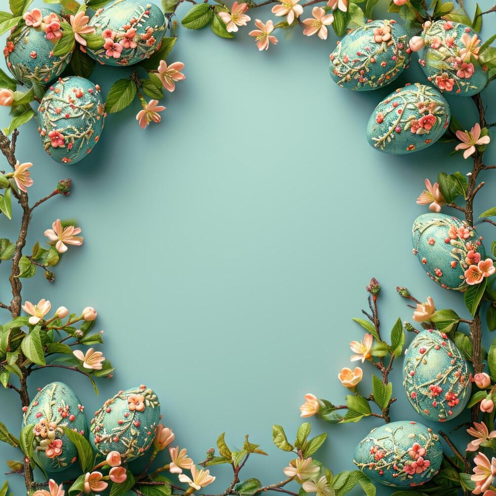 AI generated easter eggs with flowers and branches on dark blue background, photo
