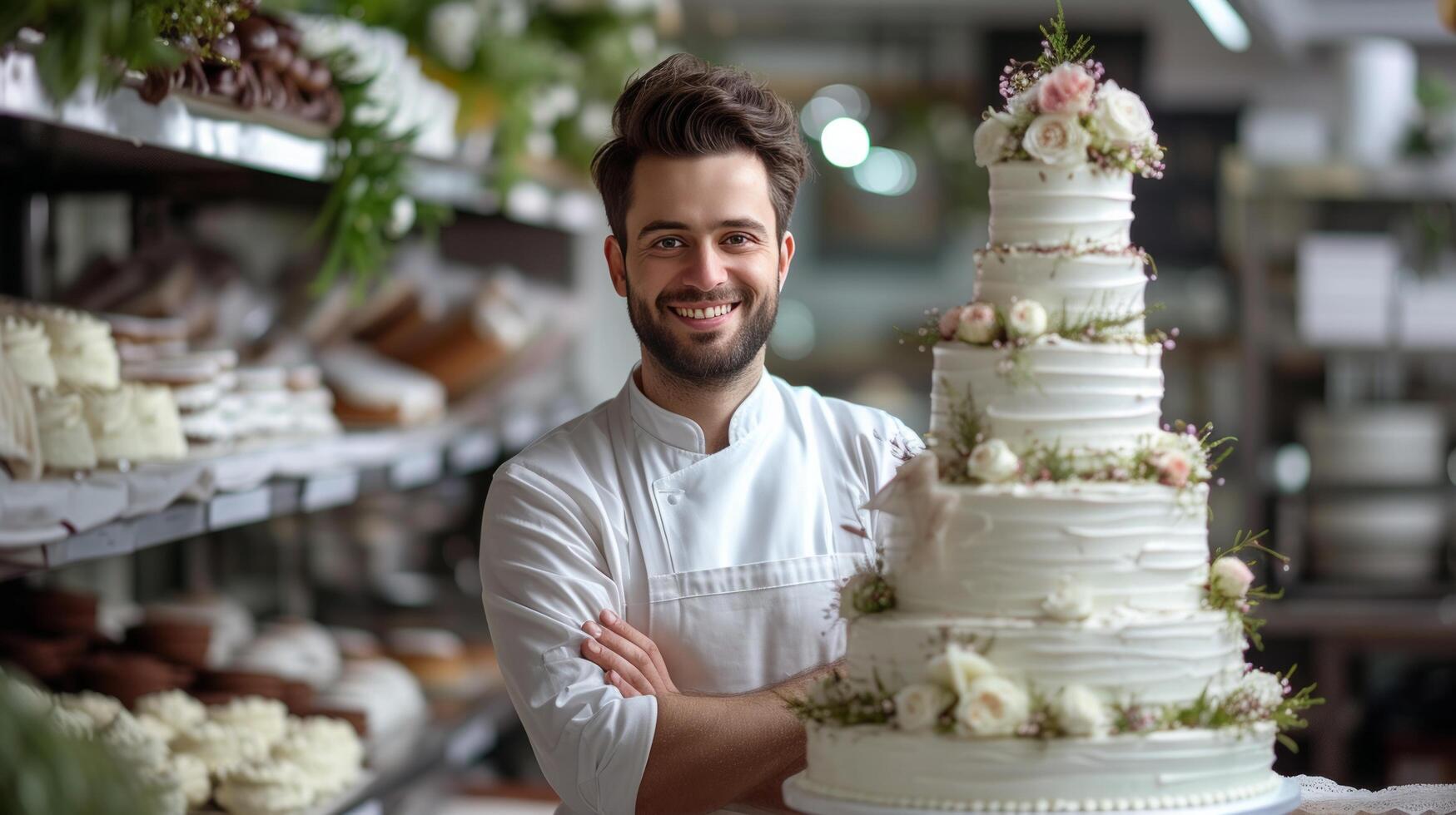 AI generated Young handsome pastry chef bakes a wedding three-tiered white cake with flowers in a bakery photo