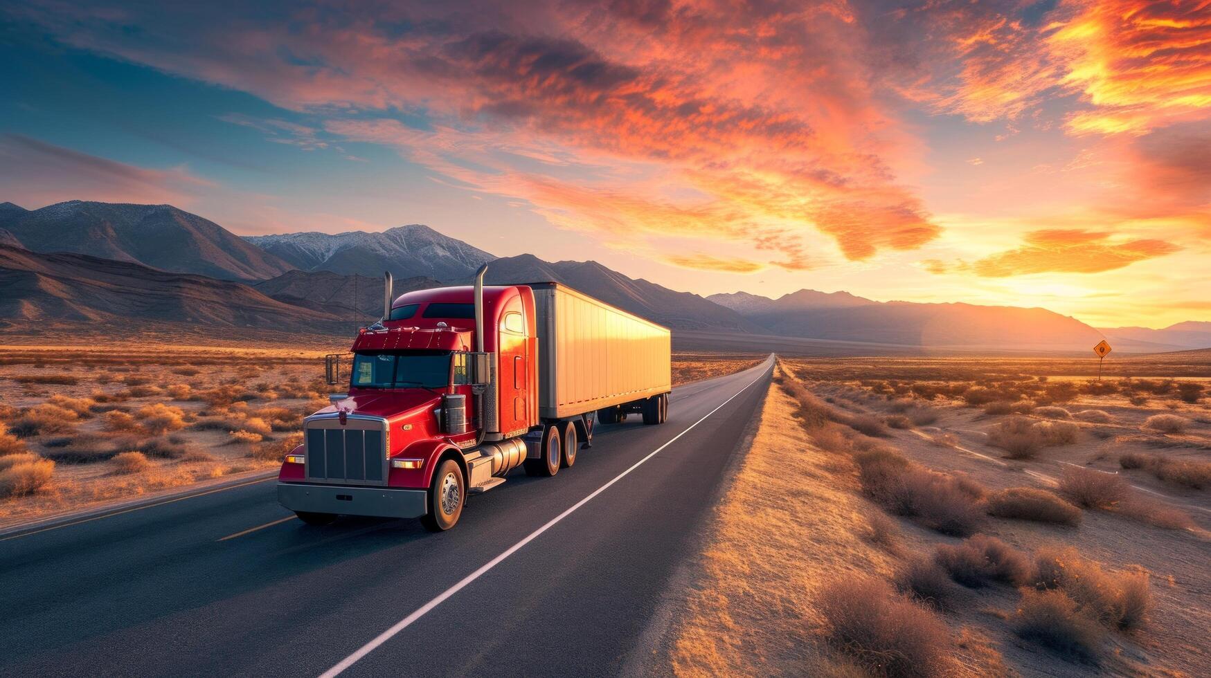 AI generated a large red lonely truck drives along the road through the endless American desert photo