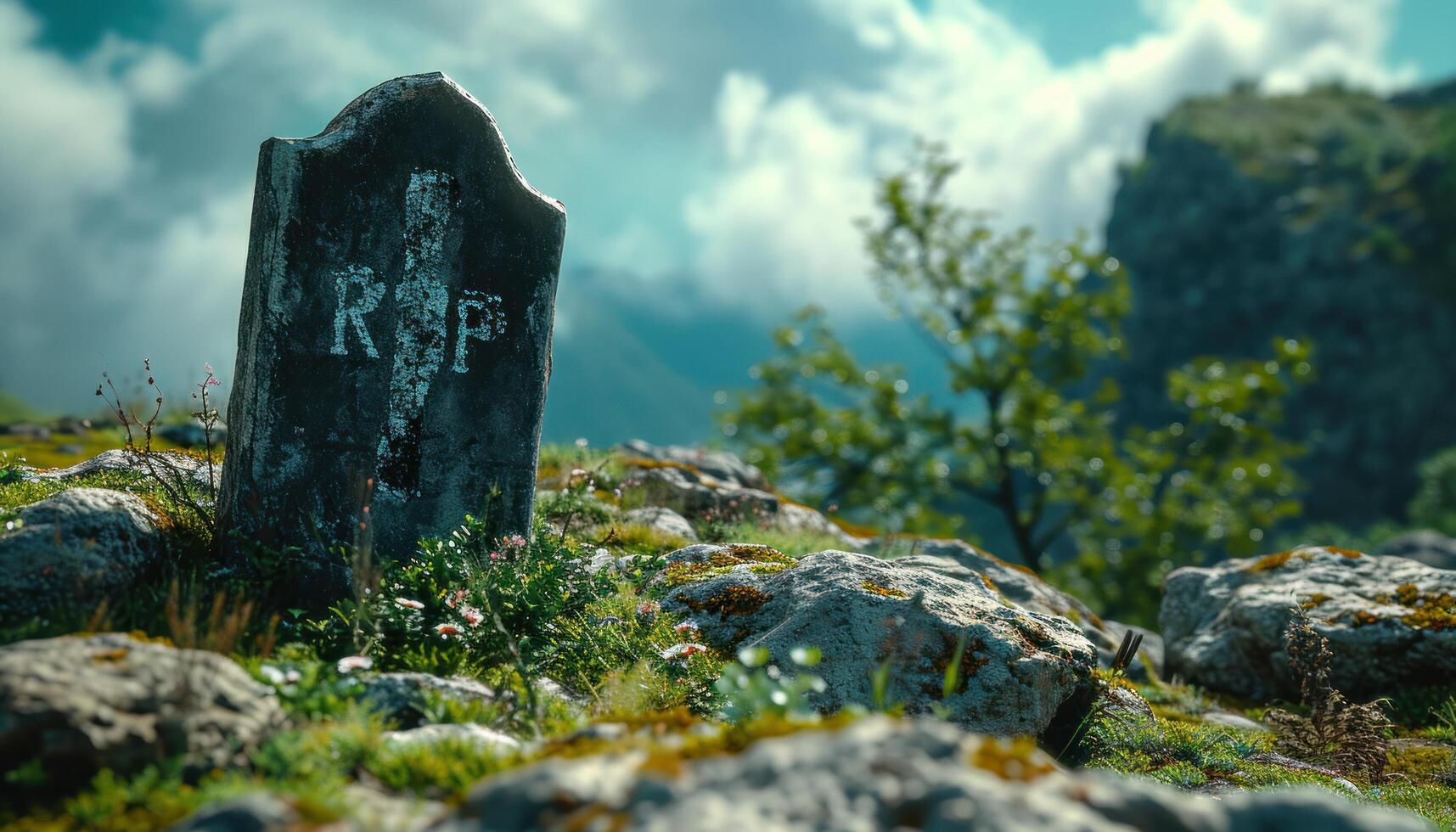 AI generated a gravestone with the word rip on it on a hill photo