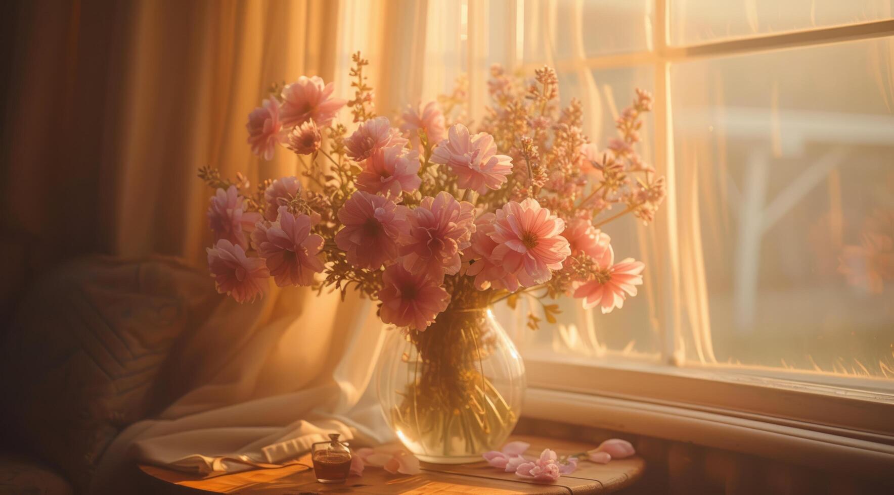 AI generated the pink and purple flowers are in a vase on a table sitting next to a window photo