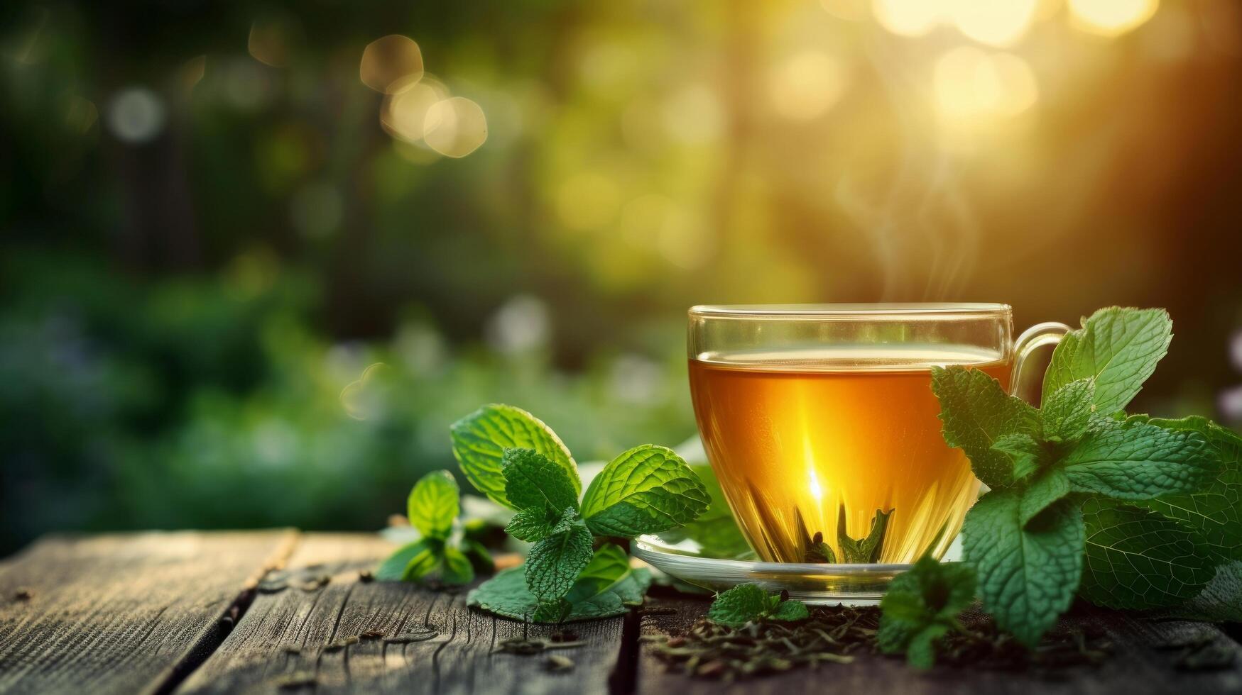 AI generated a cup of green tea next to mint leaves on a wooden table. blurred background of summer garden from behind photo