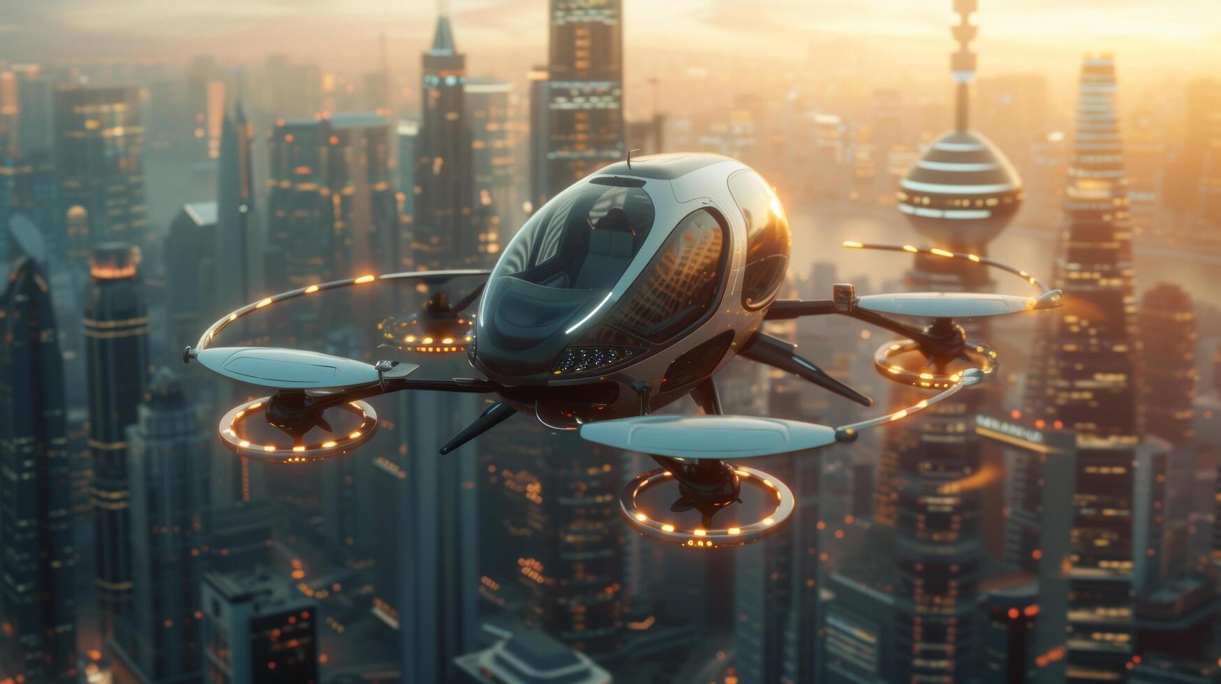 AI generated A Futuristic Manned Robo-Passenger Drone Soars Through the Sky Above a Modern City photo