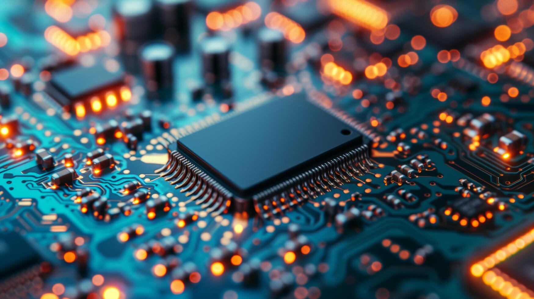 AI generated A mesmerizing circuit board close-up, showcasing intricate electronic components in a symphony of lines photo