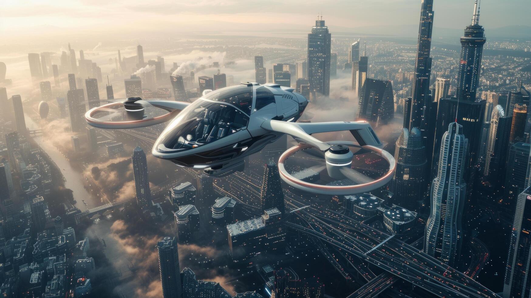 AI generated A Futuristic Manned Robo-Passenger Drone Soars Through the Sky Above a Modern City photo