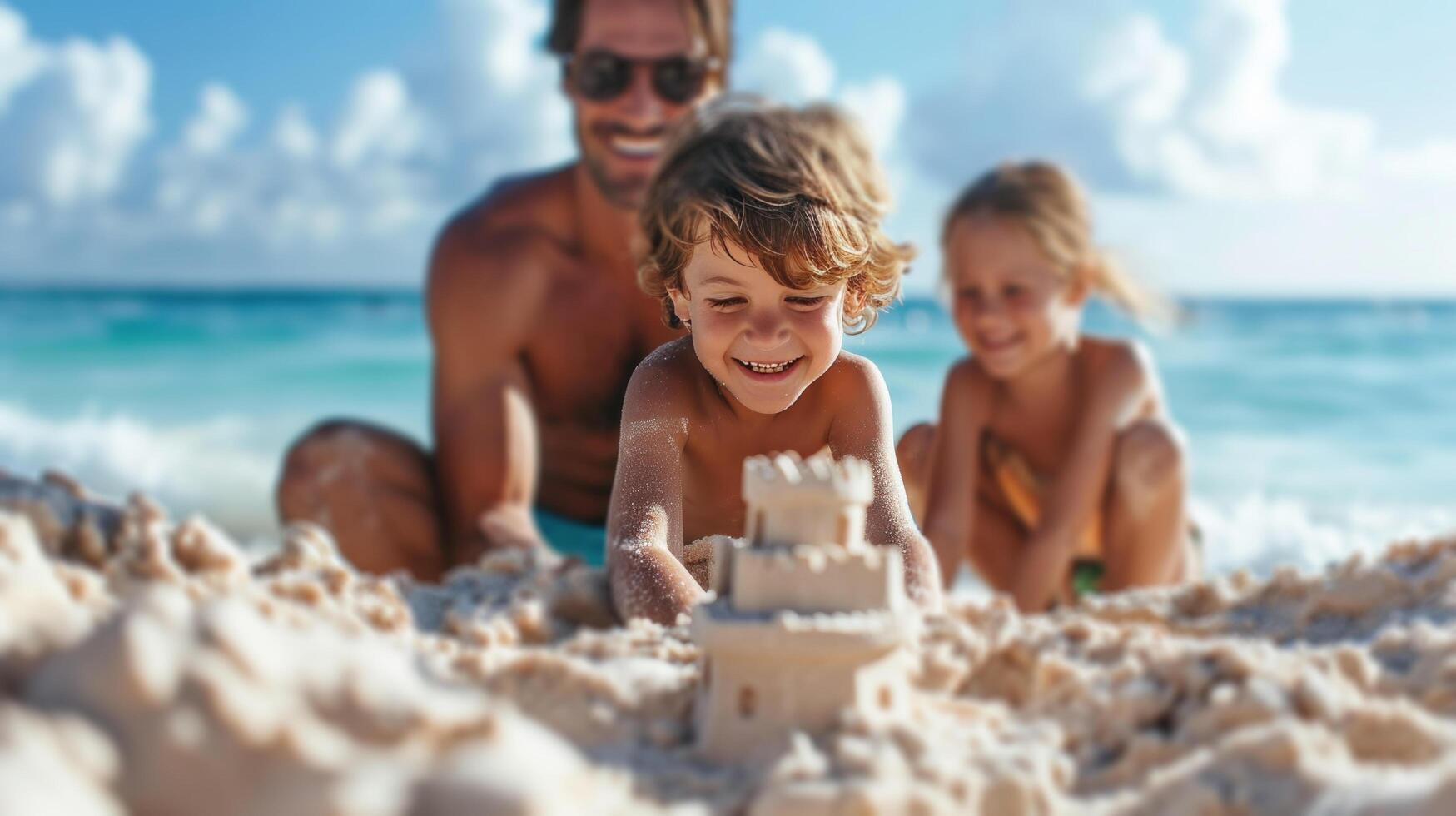 ai generado sonriente familia edificio castillos de arena, olas haciendo eco su alegría en un soleado apuntalar foto