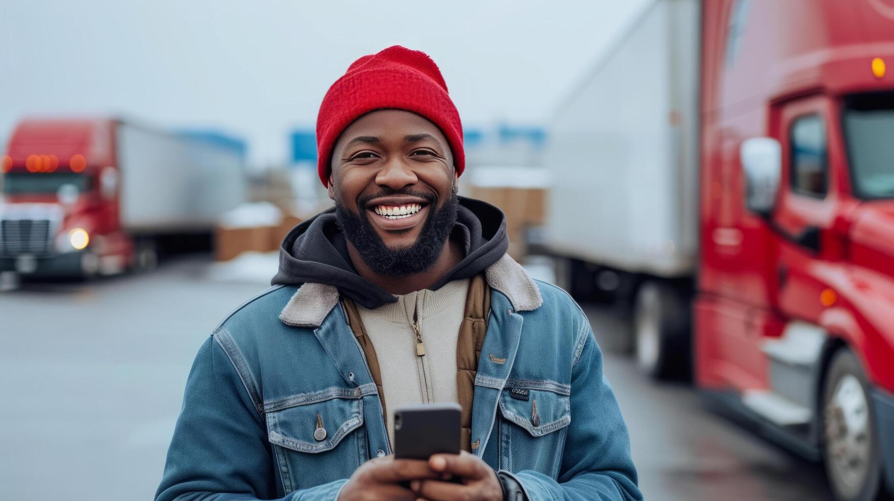 AI generated Joyful Truck Driver Taking a Break, Checking Phone photo