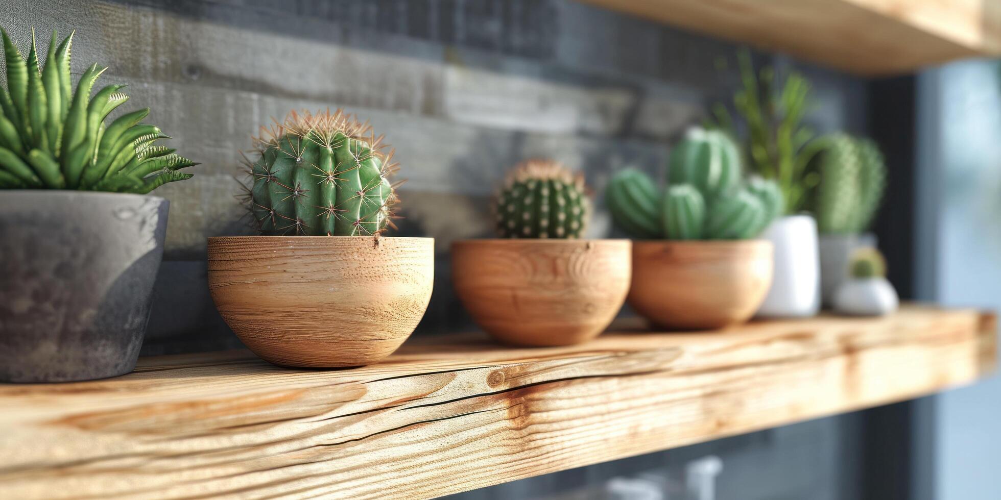 AI generated wooden wooden pots with cactuses hanging on wooden ledge photo