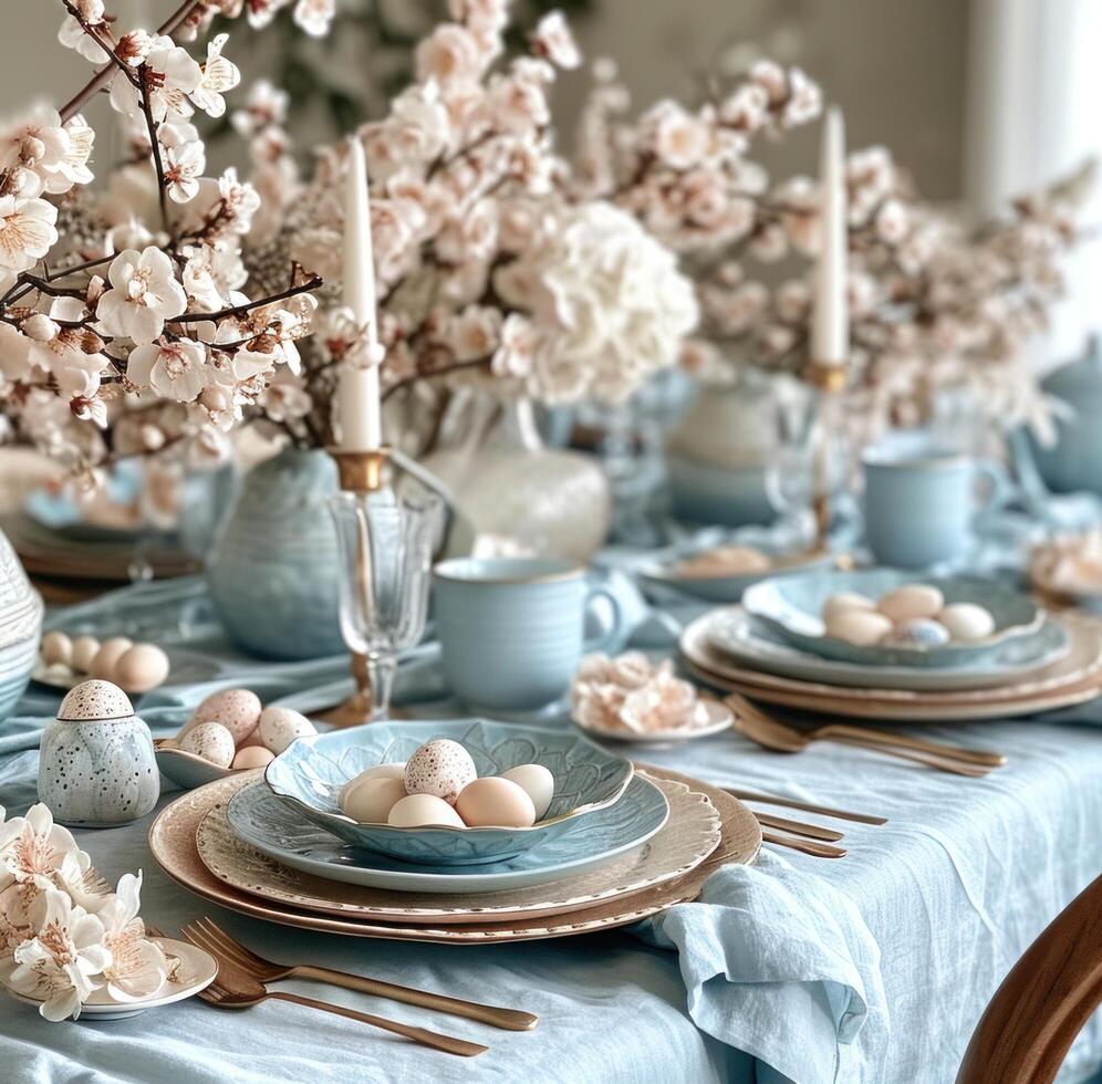 ai generado Pascua de Resurrección mesa ajuste con azul y blanco mesa paños y centros de mesa foto