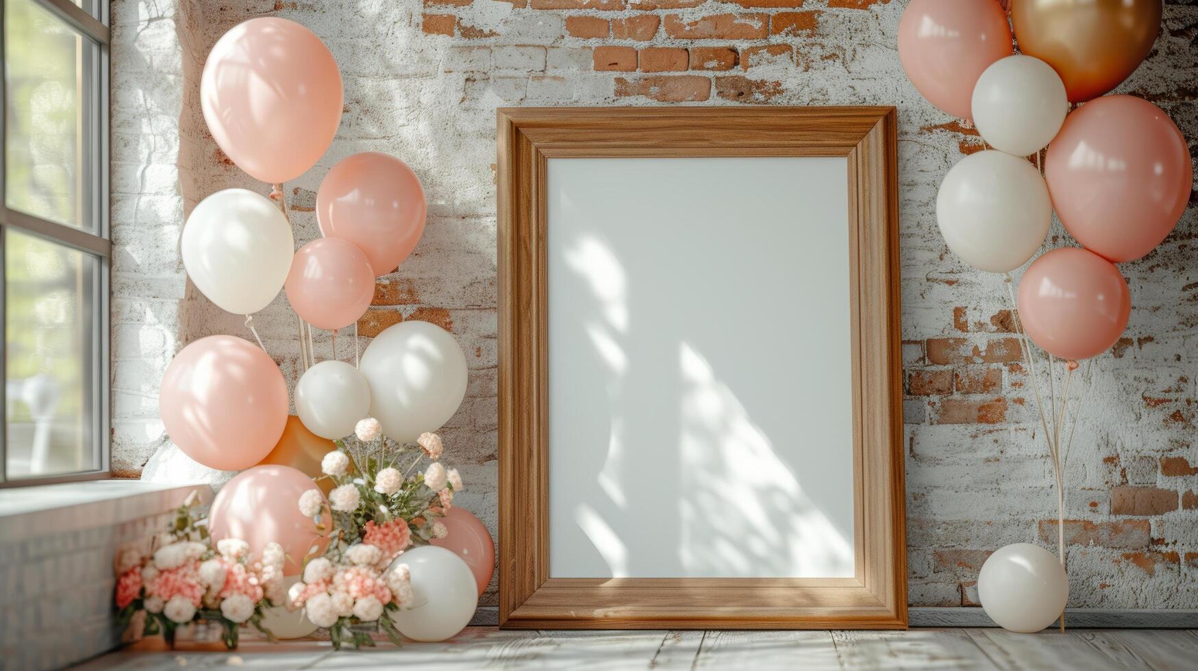 AI generated A serene celebration setup with a wooden frame and clusters of delicate, pastel balloons photo
