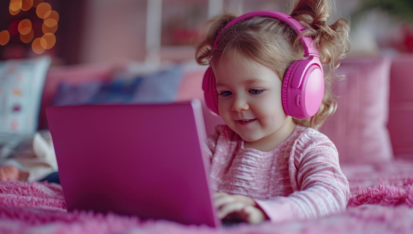 AI generated a pink and purple laptop is being used by a toddler next to a pair of headphones photo