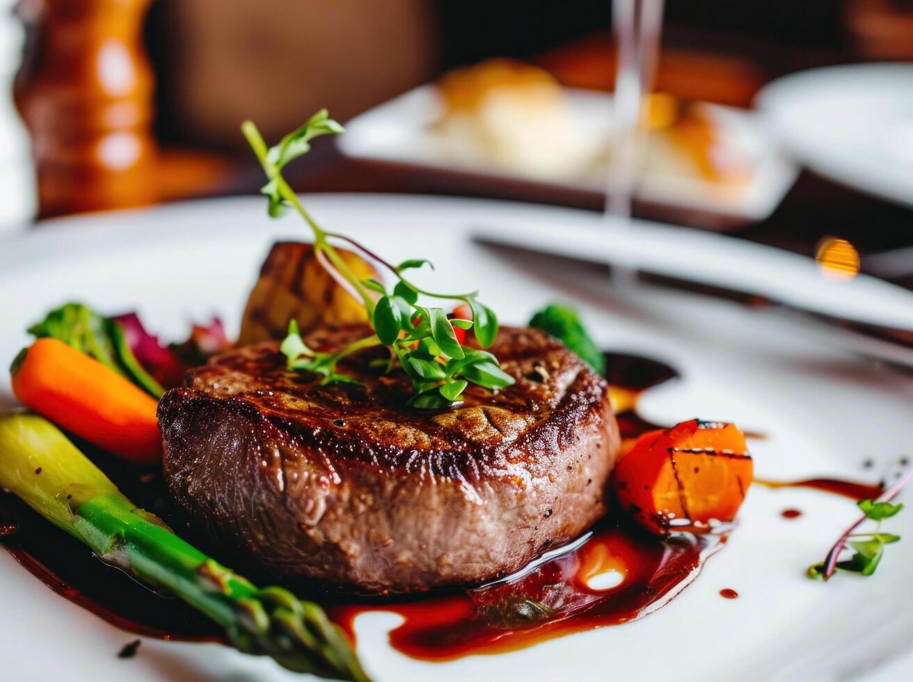 AI generated a steak in a plate with vegetables, cutlery, and sauce photo
